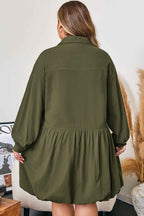 Four Leaf Clover Plus Size Collar Half Button Long Sleeve Ruffle Hem Mini Dress
