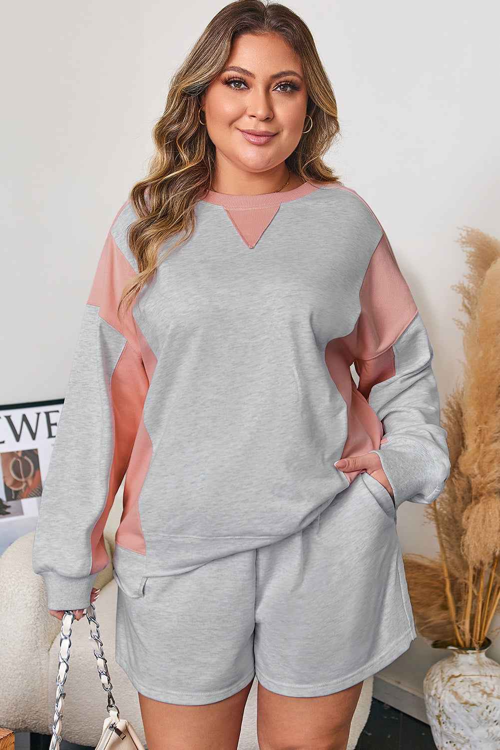 Light Grey Uneven Hem Colorblock Pullover Casual Shorts Plus Size 2pcs Outfit