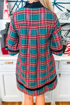Green Plaid Velvet Trim Pockets Short Shift Dress