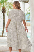 Beige Plus Size Leopard Print Frill Trim Short Sleeve Flared Dress