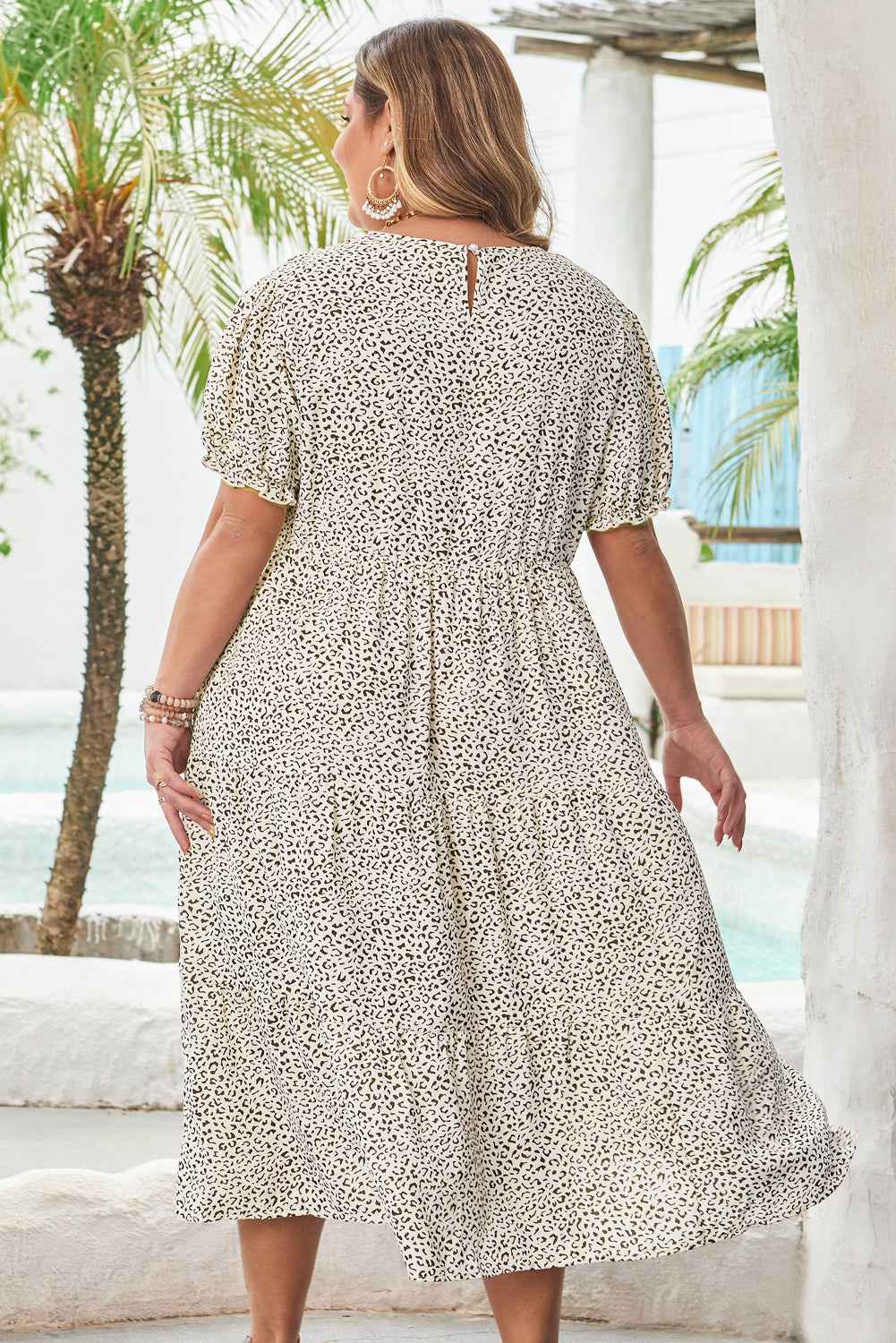 Beige Plus Size Leopard Print Frill Trim Short Sleeve Flared Dress