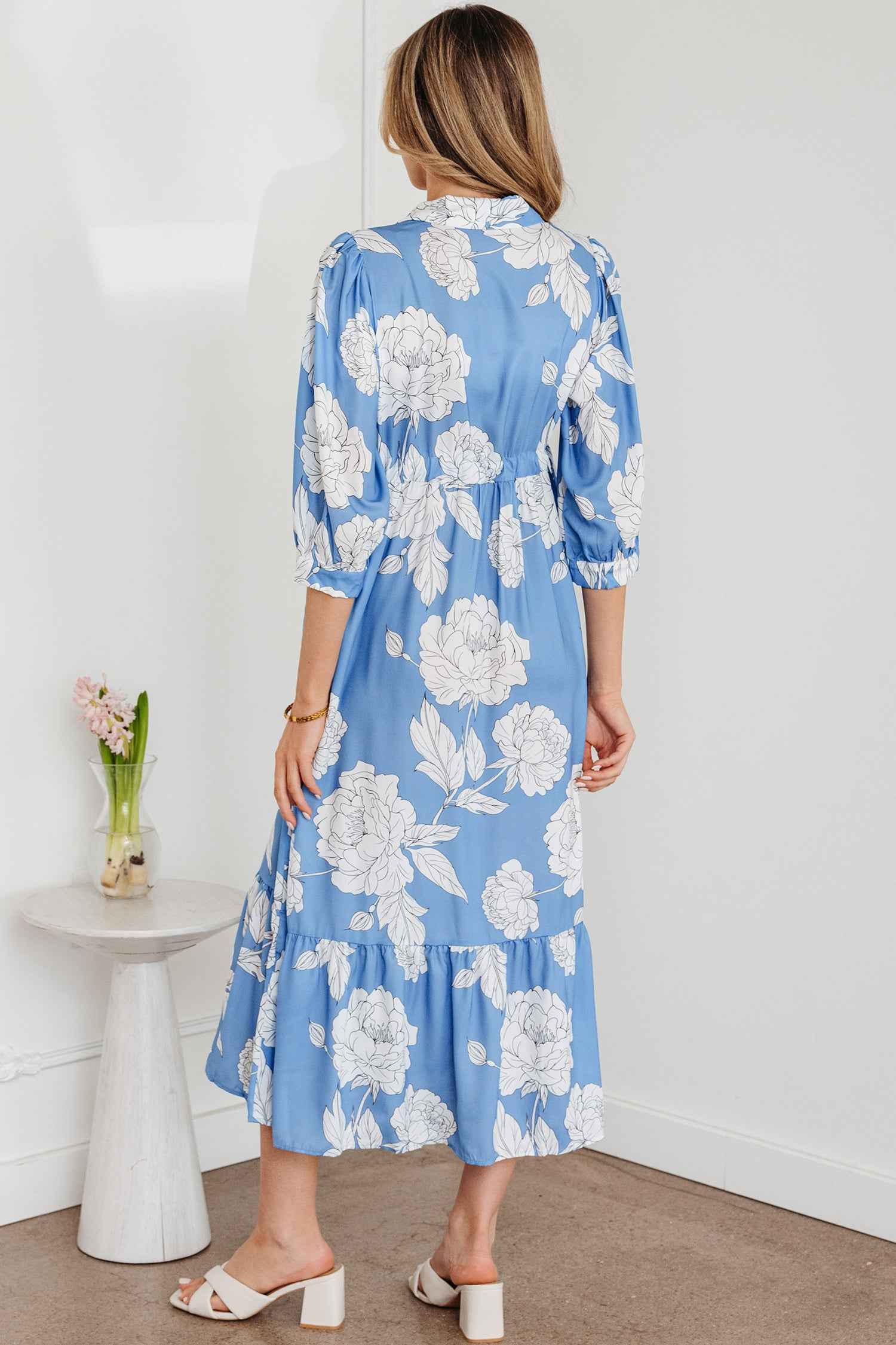 Sky Blue Floral Print Shirt Collar Button Down 3/4 Sleeve Ruffle Hem Long Dress