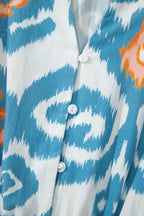 Sky Blue Boho Floral Print Short Puff Sleeve Button Down Ruffle Hem Midi Dress