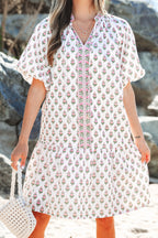Pink Floral Print Bubble Sleeve Neck Tie Ruffled Dress