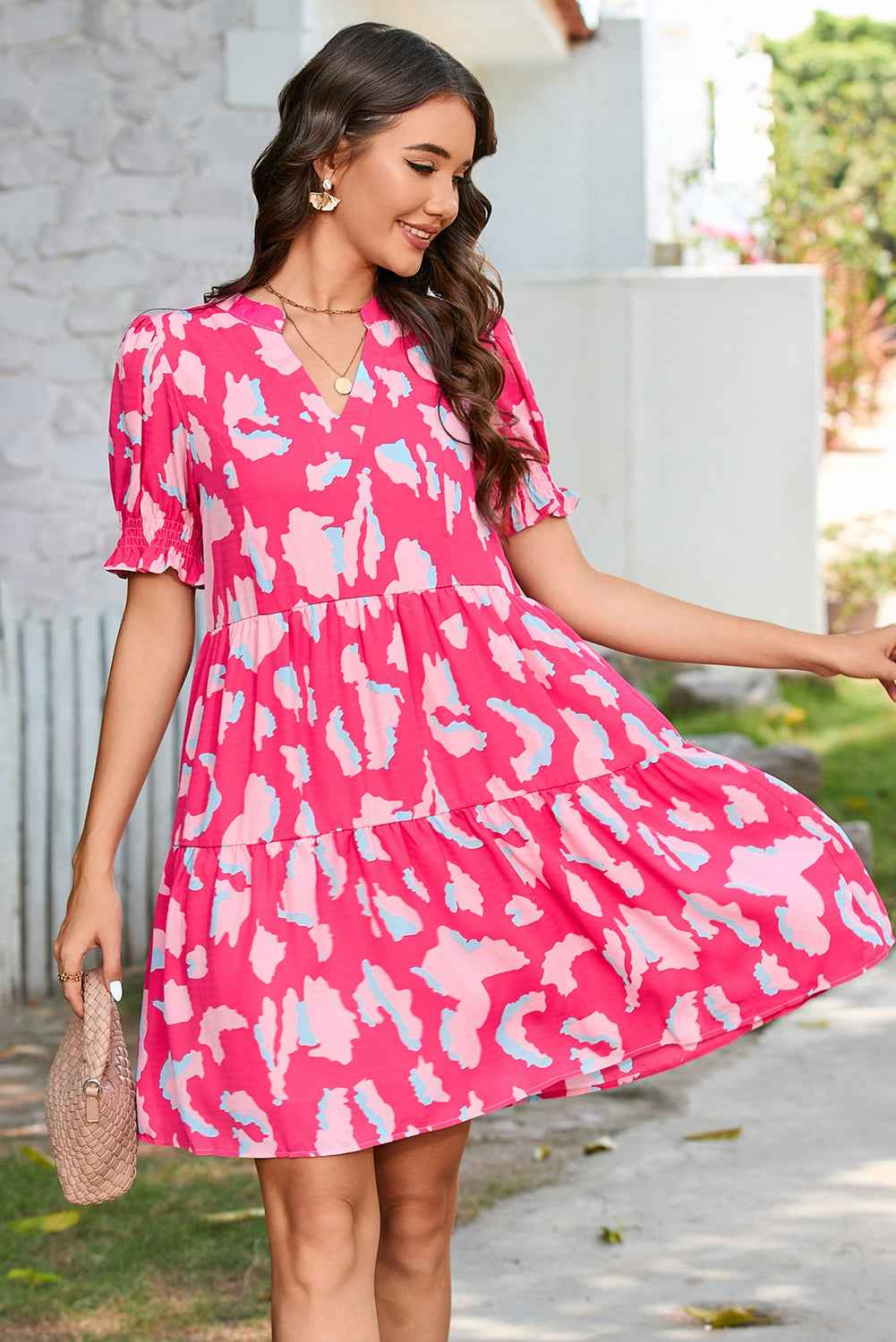 Pink Abstract Printed Puff Short Sleeve Tiered Loose Dress
