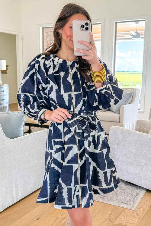 Blue Abstract Geometric Print Zip Front Tie Waist Shift Dress
