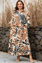 White Plus Size Abstract Print Contrast Collar Split Neck Shift Long Dress