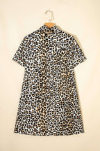 Multicolour Half Buttons Short Sleeve Loose Leopard Mini Dress with Pockets