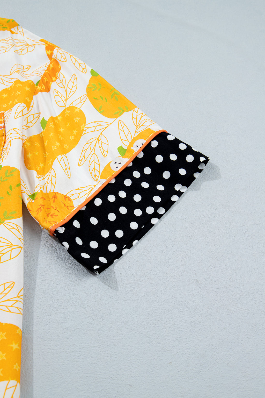 Orange Short Sleeve Pumpkin Print Polka Dot Trim Pocket Pocket Placket Home Wear Lounge Set - MuseLover