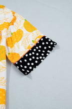 Orange Short Sleeve Pumpkin Print Polka Dot Trim Pocket Pocket Placket Home Wear Lounge Set - MuseLover