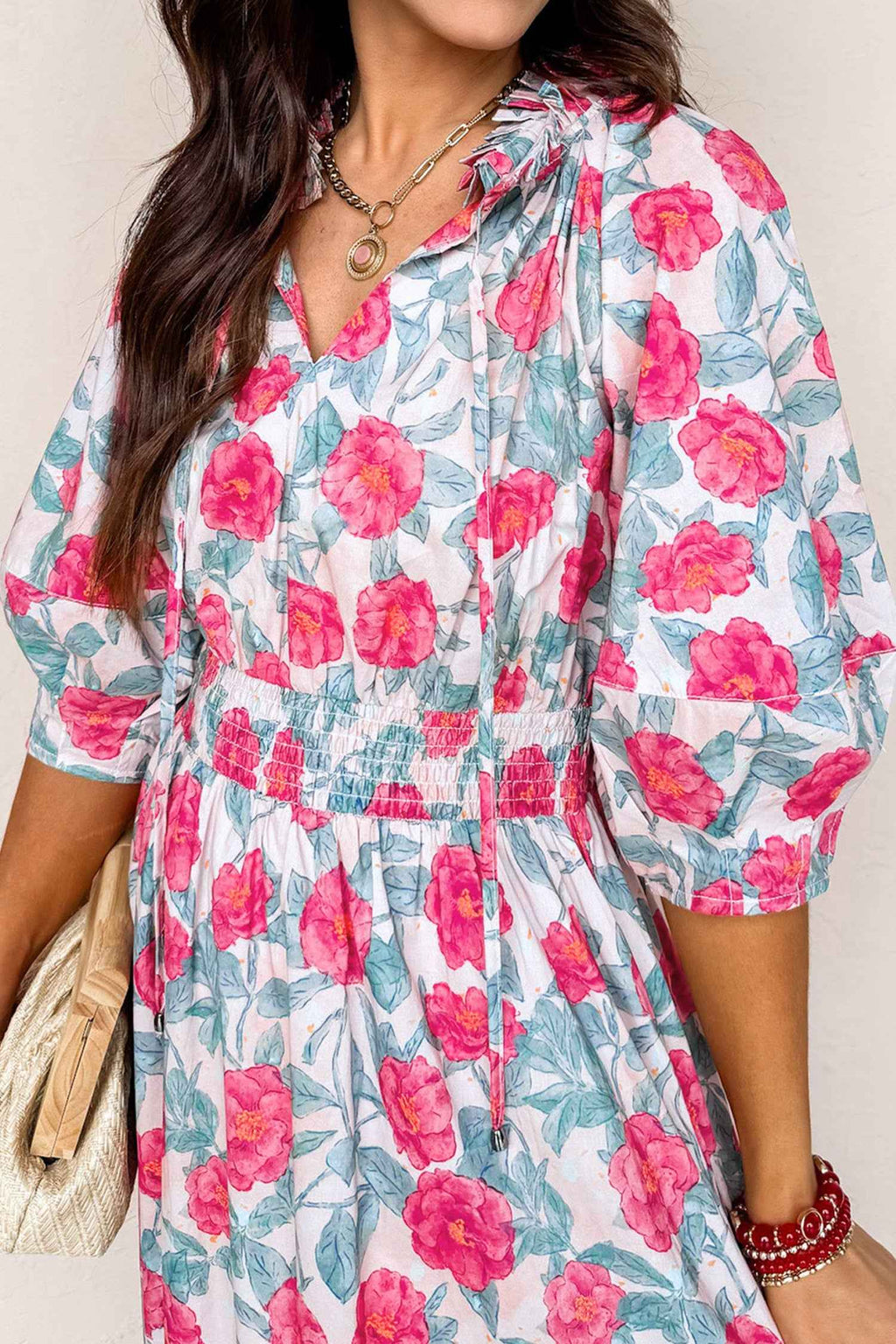 Red Elegant Floral Puff Sleeve Midi Dress