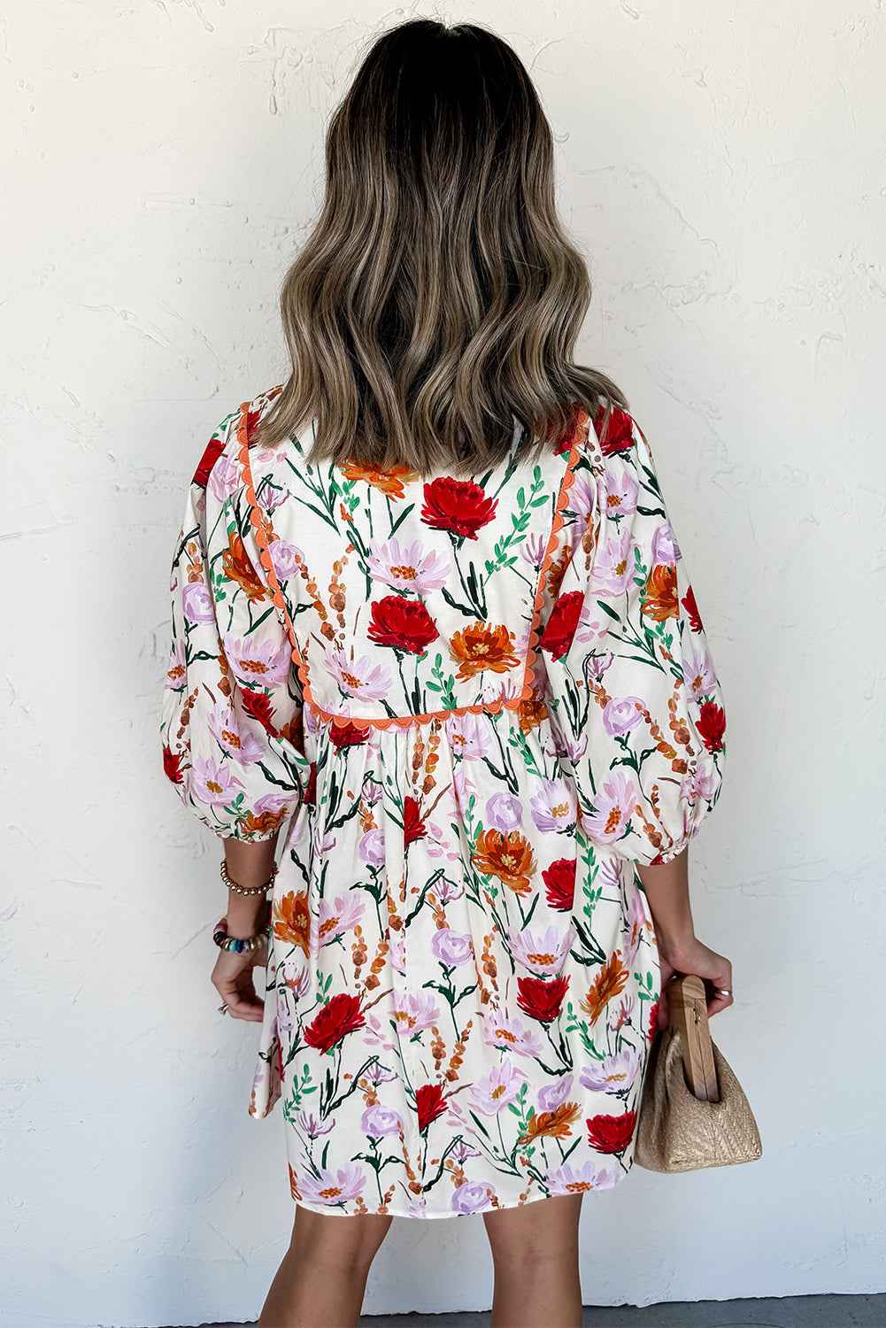 Beige Floral Print 3/4 Puff Sleeve Ricrac Trim Mini Dress