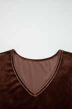Chicory Coffee Solid Color Velvet V Neck Long Sleeve Tiered Mini Dress