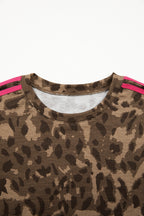 Brown Loose Contrast Striped Accent Leopard T Shirt Mini Dress with Pockets