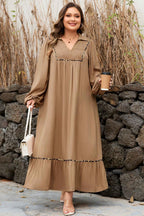 Chestnut Smocked V Neckline Leopard Piping Accent Bracelet Plus Size Long Dress