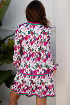 Purple Floral Print Contrast Striped Detail Long Sleeve Mini Dress