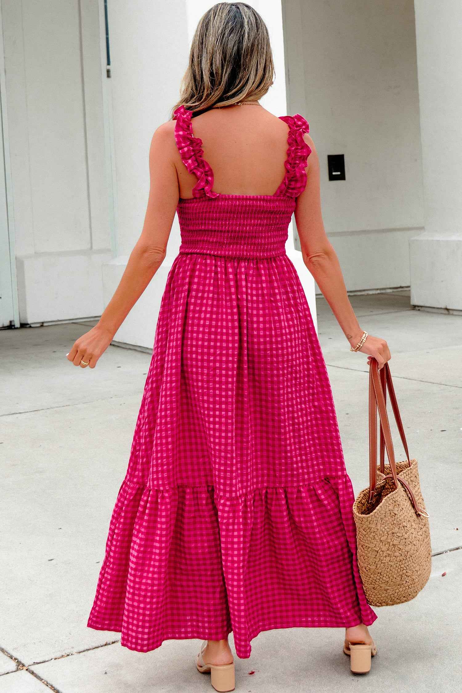 Red Plaid Square Neck Fit-and-flared Vacation Sundress
