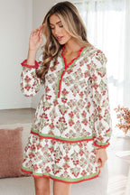 Pink Floral Print Contrast Trim Frilled Neck Long Sleeve Flared Dress