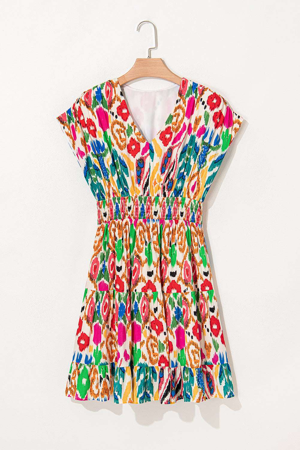 Sky Blue Abstract Print V Neck Dolman Sleeve Ruffle Tiered Mini Dress