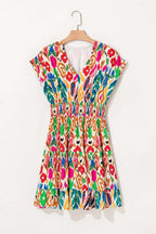 Sky Blue Abstract Print V Neck Dolman Sleeve Ruffle Tiered Mini Dress