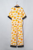 Orange Short Sleeve Pumpkin Print Polka Dot Trim Pocket Pocket Placket Home Wear Lounge Set - MuseLover