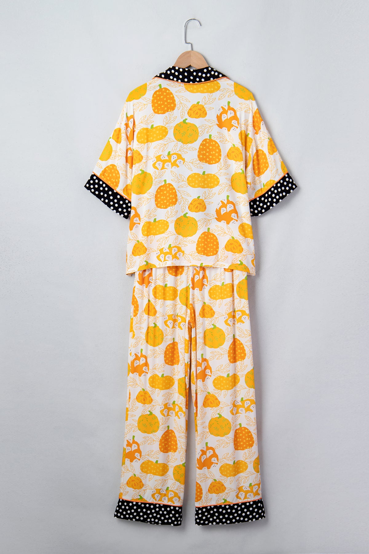 Orange Short Sleeve Pumpkin Print Polka Dot Trim Pocket Pocket Placket Home Wear Lounge Set - MuseLover