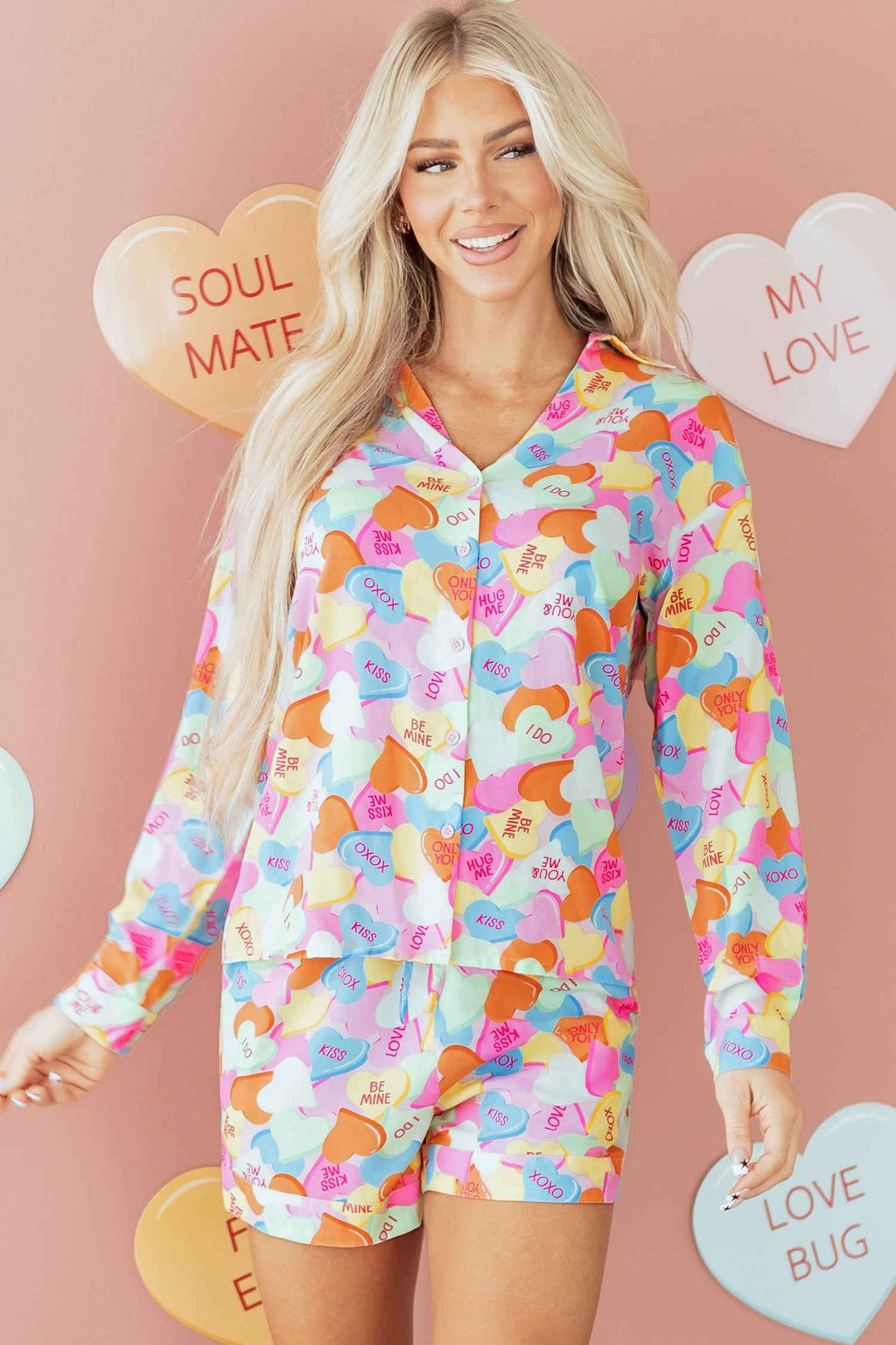 Pink Valentines Candy Heart V Neck Collared Tunic Shirt and Shorts 2pcs Pajama Set