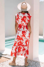 Red Floral Print Trimmed V Neck Ruffle Sleeve Long Dress