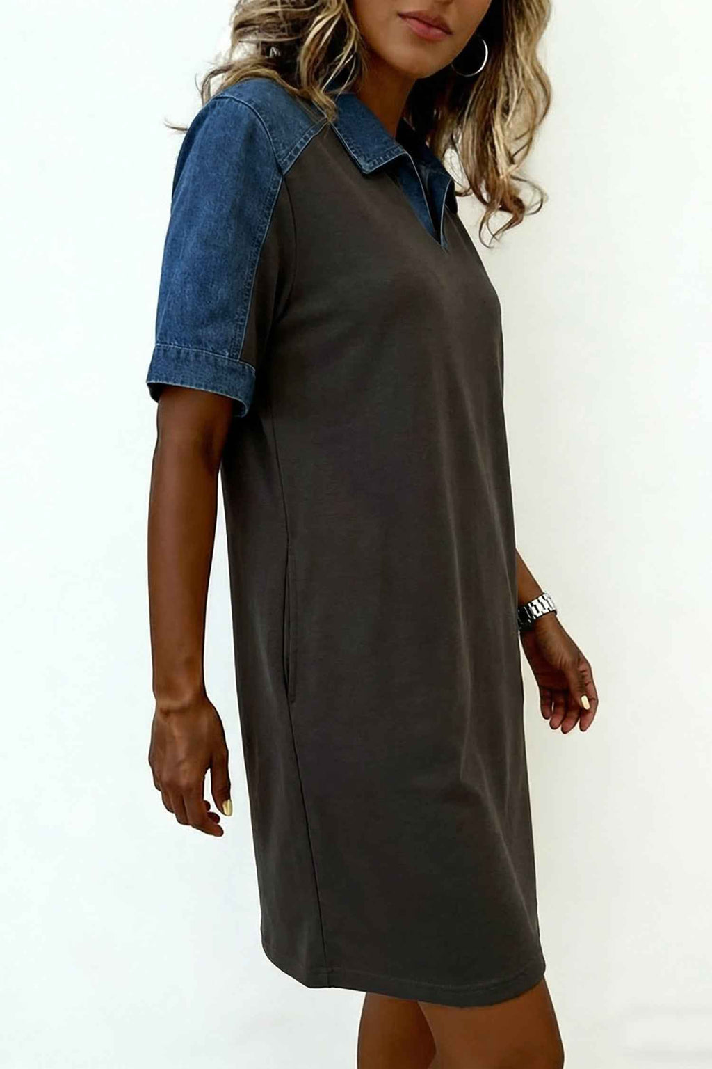 Carbon Grey Color Block Denim Patchwork Polo Collar T Shirt Shift Dress