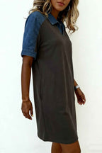 Carbon Grey Color Block Denim Patchwork Polo Collar T Shirt Shift Dress