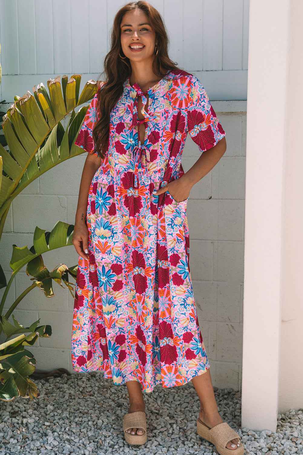 Rose Floral Tied Front High Waist Short Sleeve Loose Long Dress