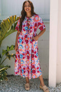 Rose Floral Tied Front High Waist Short Sleeve Loose Long Dress