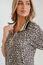 Khaki Leopard Print Zip Neck Striped Webbing Patchwork T Shirt Mini Dress