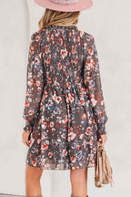 Brown Frilly Smocked Bodice Floral Mesh Long Sleeve Mini Dress