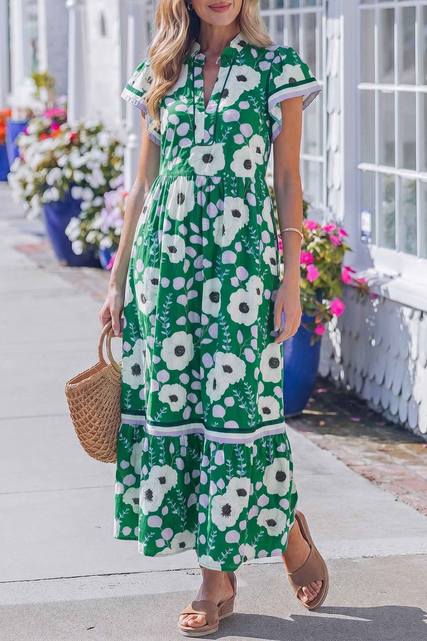 Green V Neck Ruffled Short Sleeve Flower Maxi Dress