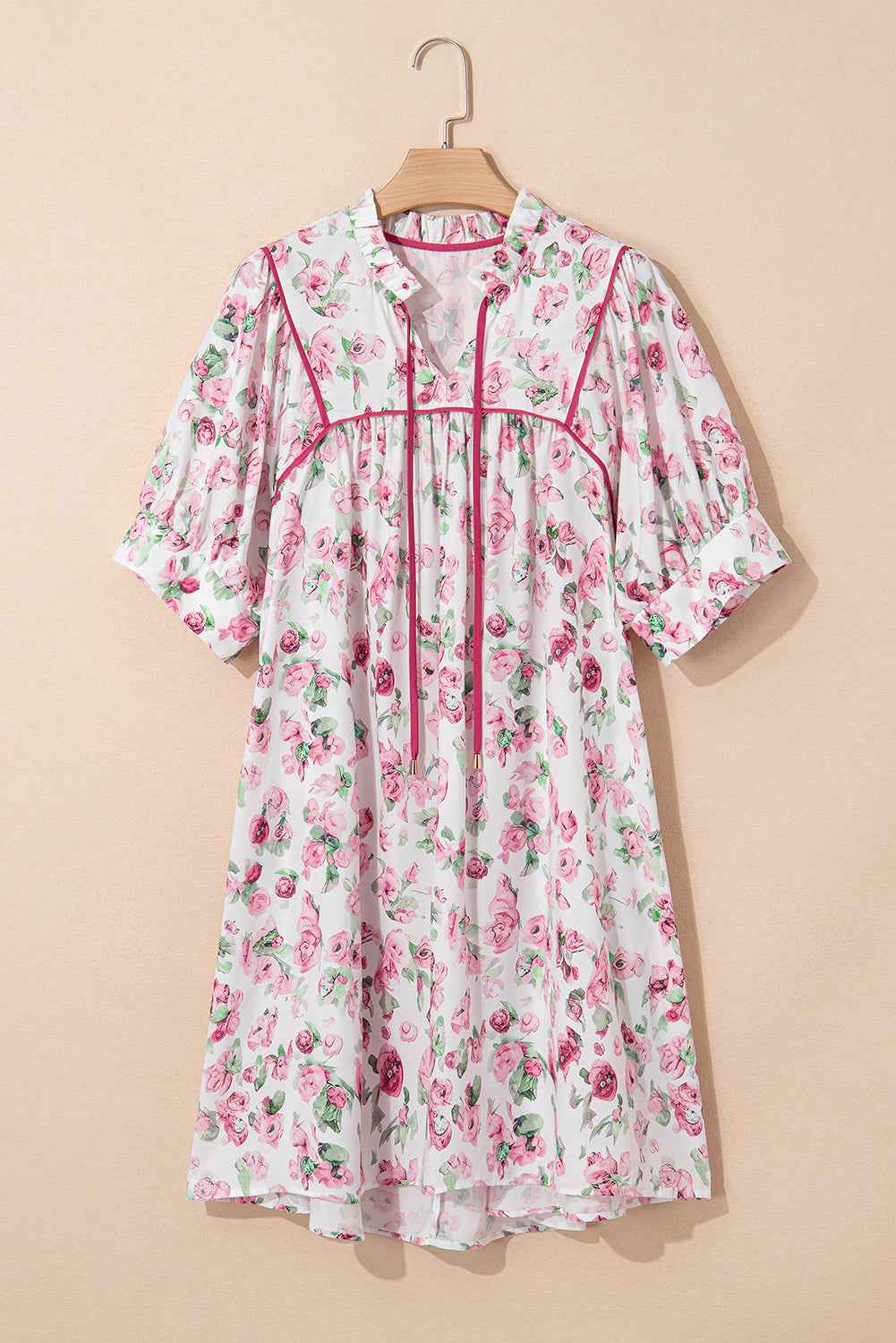 Pink Floral Split Neck Short Sleeve Loose Plus Size Mini Dress