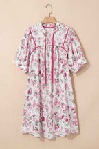 Pink Floral Split Neck Short Sleeve Loose Plus Size Mini Dress