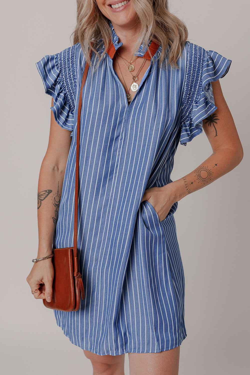 Sky Blue Stripe Frilly Split Neck Shirred Ruffle Sleeve Short Shift Dress