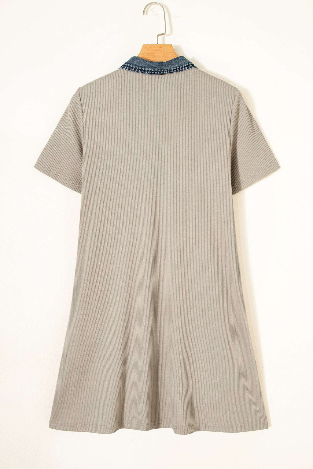 Beige Short Sleeve Ribbed Knit Denim Patchwork Polo Collar Dress