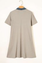 Beige Short Sleeve Ribbed Knit Denim Patchwork Polo Collar Dress