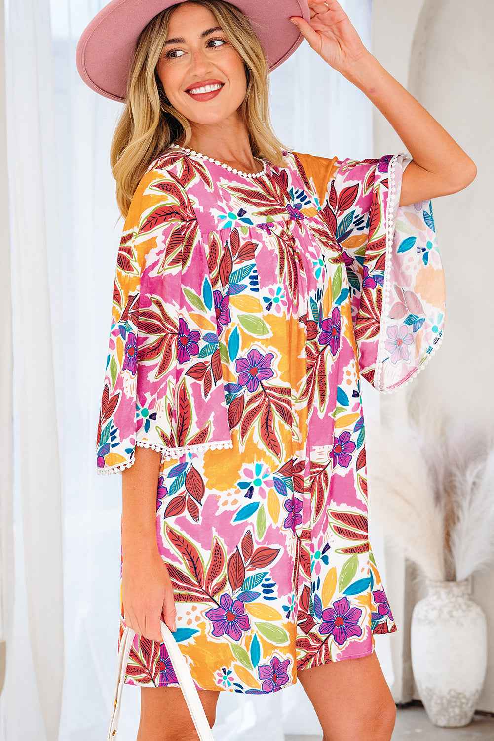 Pink Floral Print Lace Trimmed Tie Back Bell Sleeve Swing Mini Dress