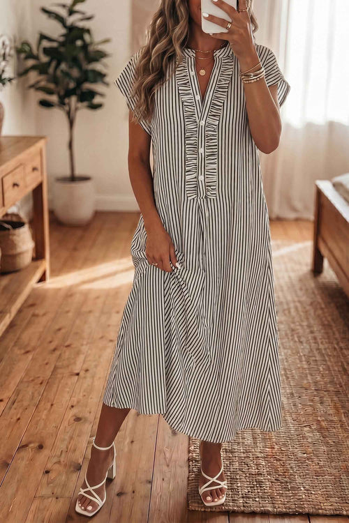 Black Stripe Frilled Detail Half Buttons Short Sleeve Long Dress