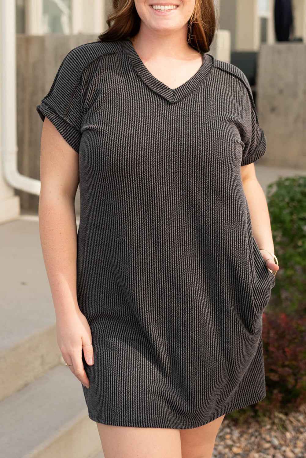 Carbon Grey Corded V Neck Plus Size T Shirt Dress with Pockets