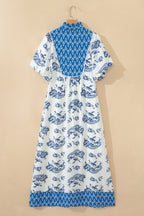 Sky Blue Boho Abstract Print Contrast Trim V Neck Tassel Tie Dress