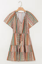 Red Bohemian Floral Print Buttoned V Neck Ruffle Tiered Dress