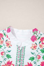 White Floral Print Half Button Mandarin Neck 3/4 Sleeve Maxi Dress