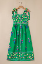 Green Floral Print Contrast Trim Knotted Straps Midi Dress