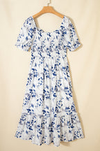 Sky Blue Smocked Bodice Short Puff Sleeve Tiered Floral Midi Dress