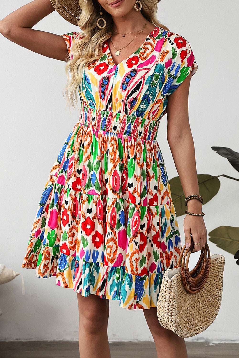 Sky Blue Abstract Print V Neck Dolman Sleeve Ruffle Tiered Mini Dress