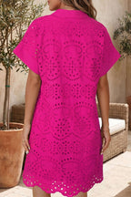 Green Solid Color Eyelet Embroidered T Shirt Mini Dress